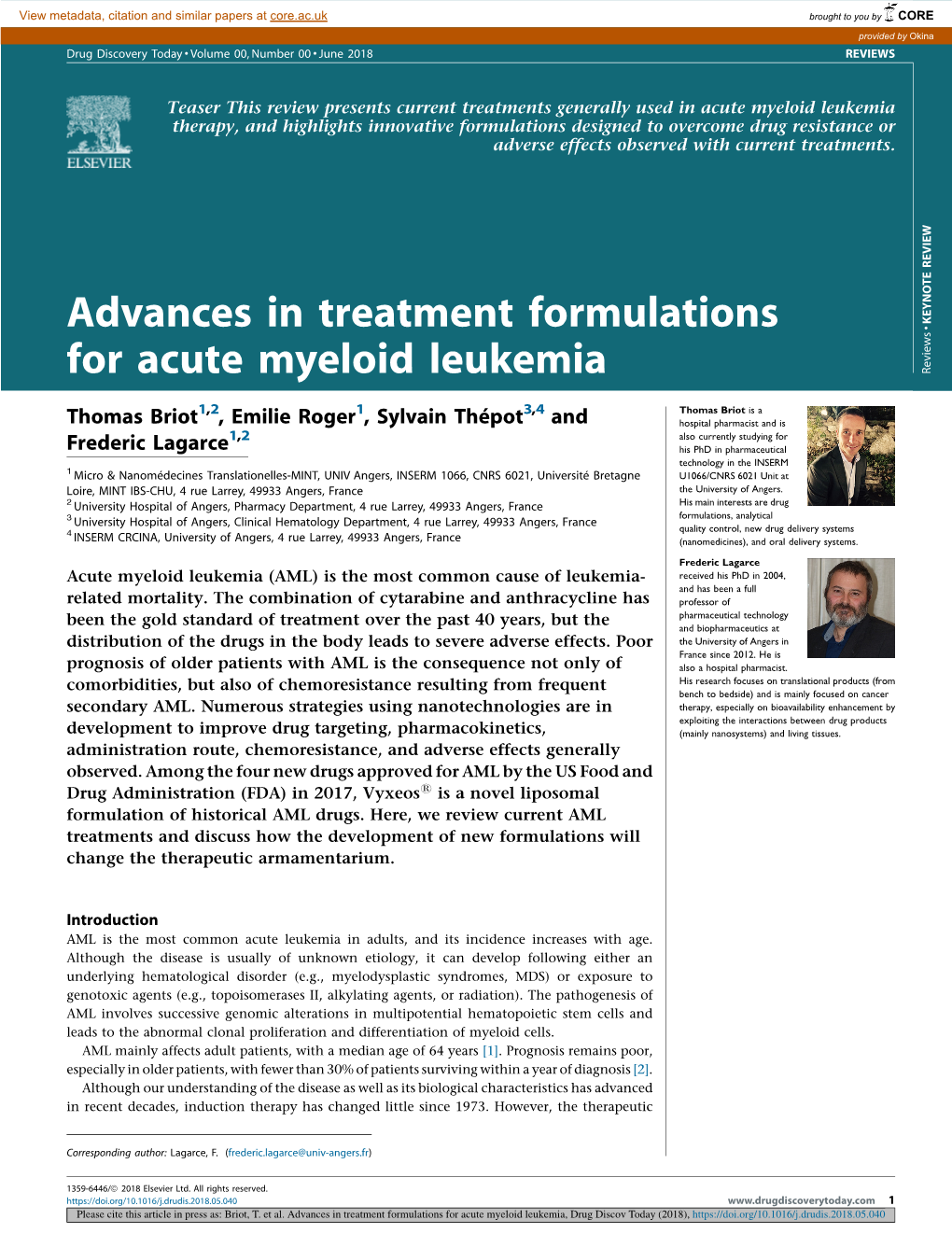 Advances in Treatment Formulations for Acute Myeloid Leukemia, Drug Discov Today (2018)