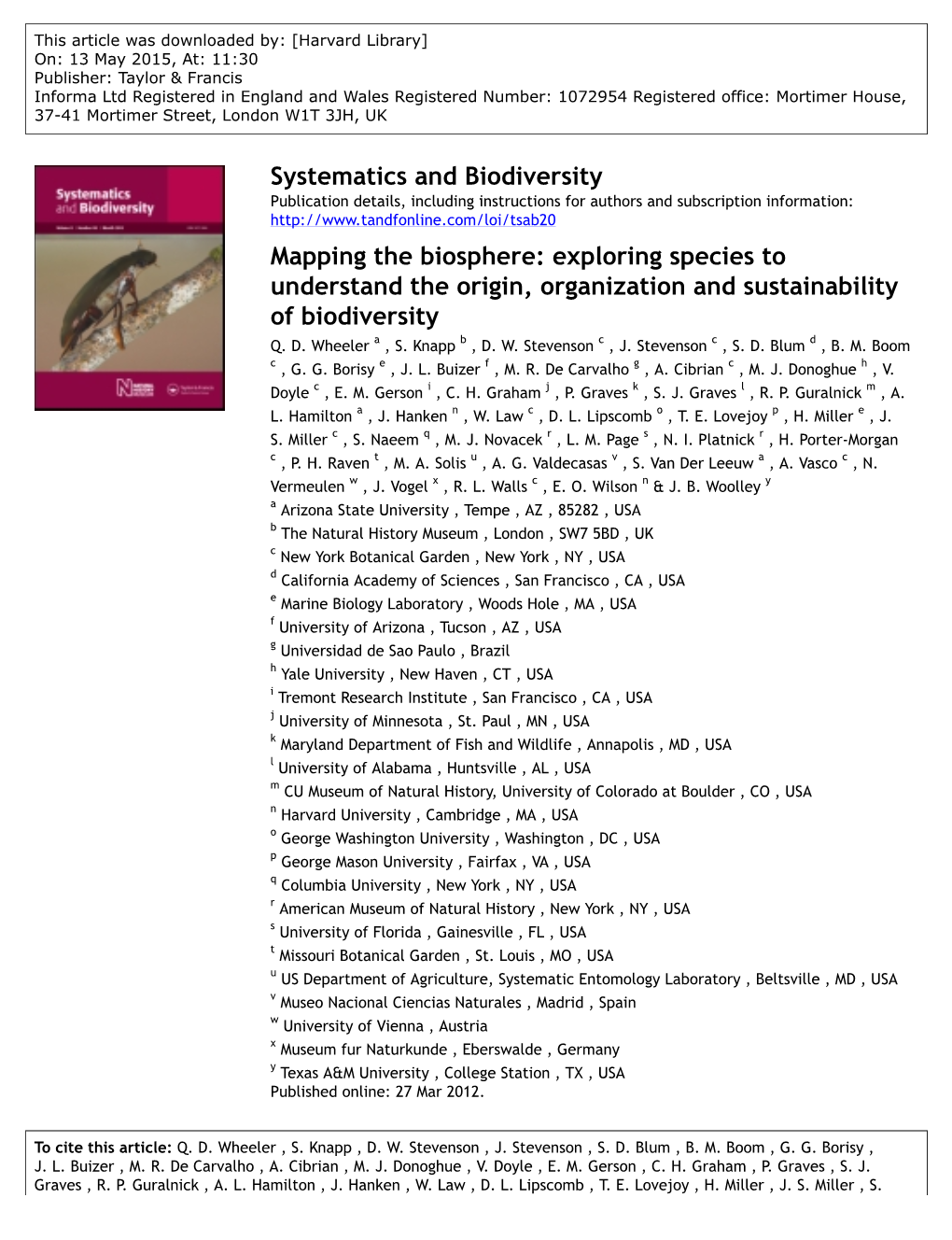 Systematics and Biodiversity Mapping the Biosphere: Exploring Species to Understand the Origin, Organization and Sustainability