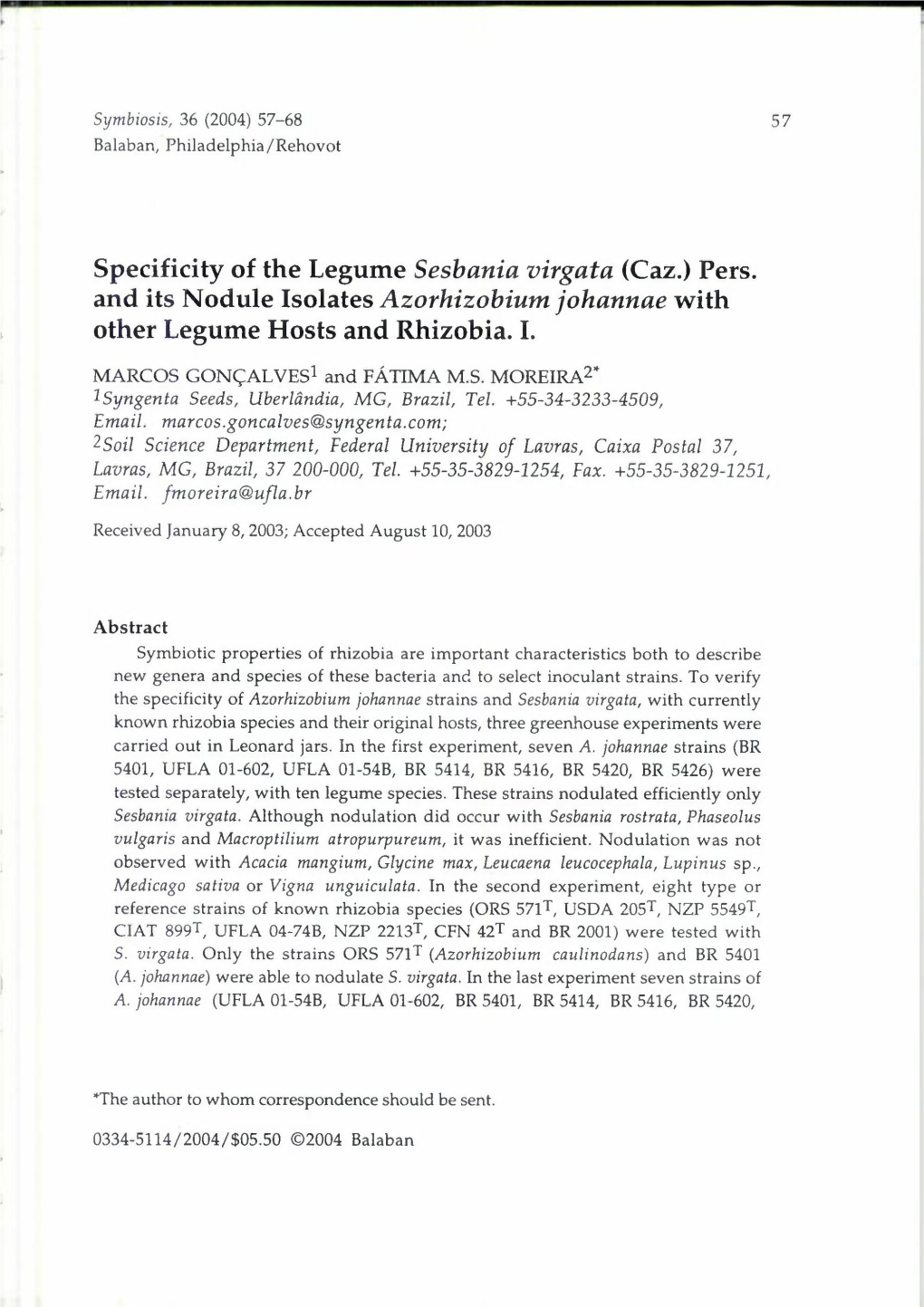 Pers. and Its Nodule Isolates Azorhizobium Johannae with Other Legume Hosts and Rhizobia