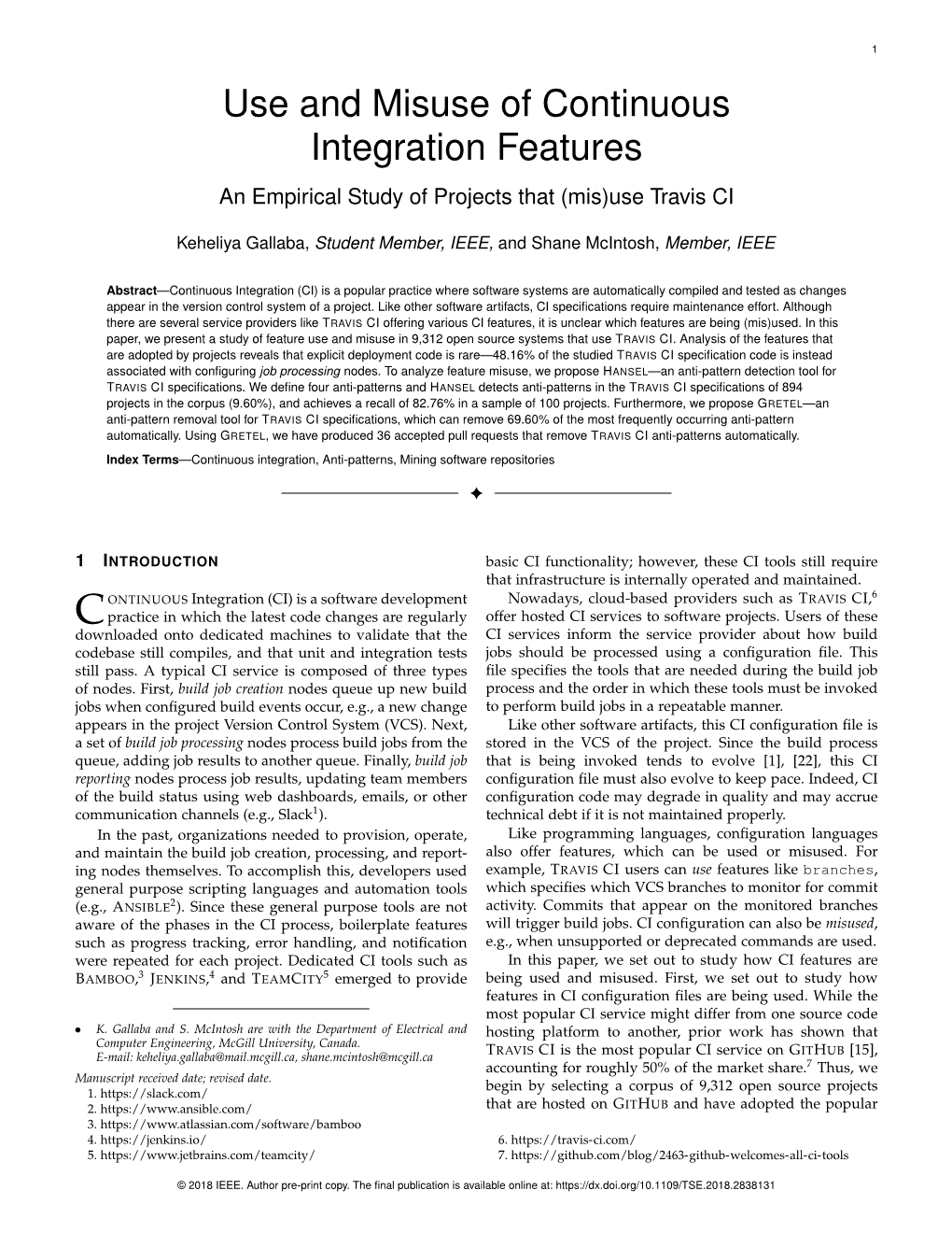 Use and Misuse of Continuous Integration Features an Empirical Study of Projects That (Mis)Use Travis CI