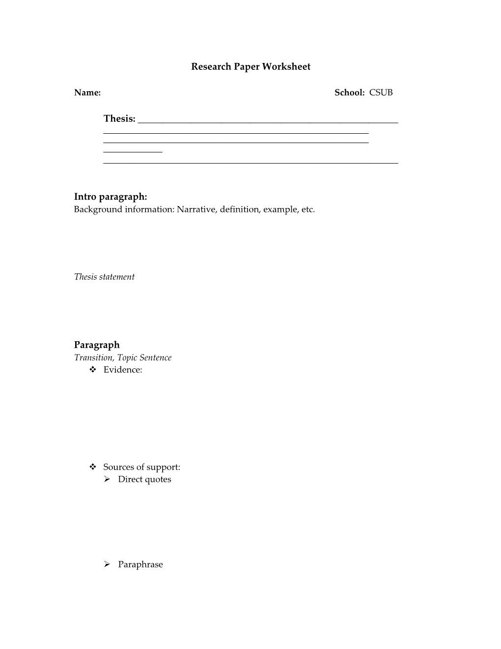 Research Paper Worksheet