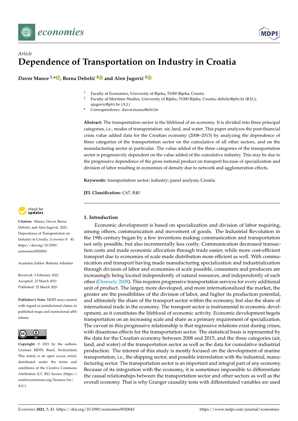 Dependence of Transportation on Industry in Croatia