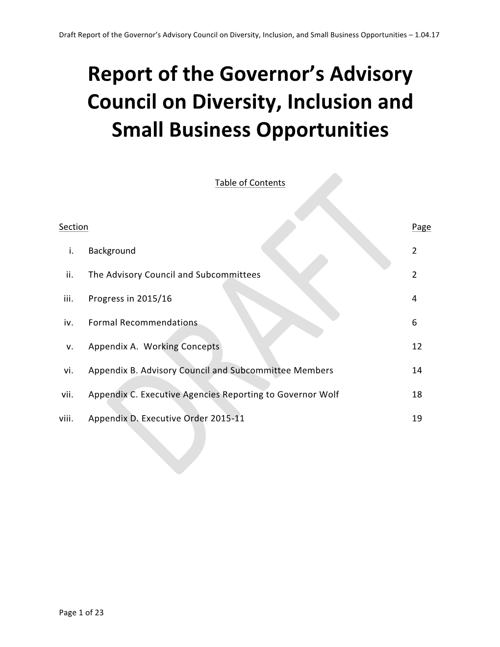 Report of the Governor's Advisory Council on Diversity, Inclusion And