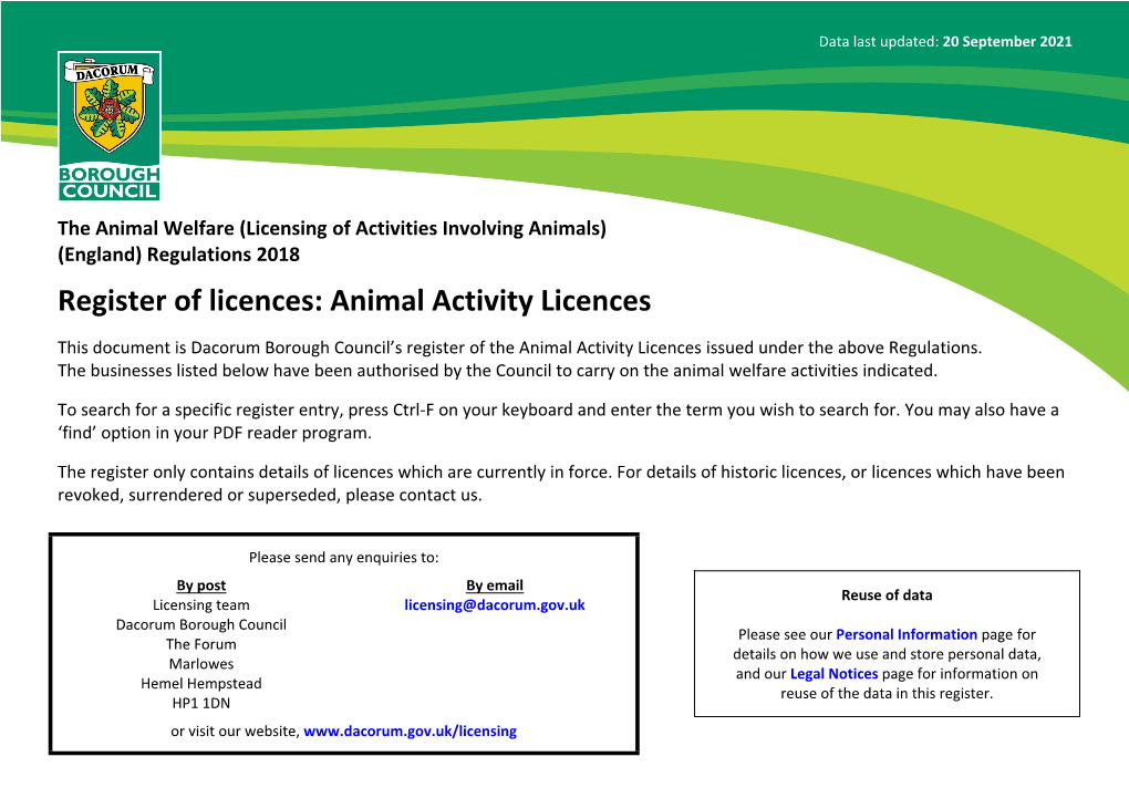 Animal Activity Licences