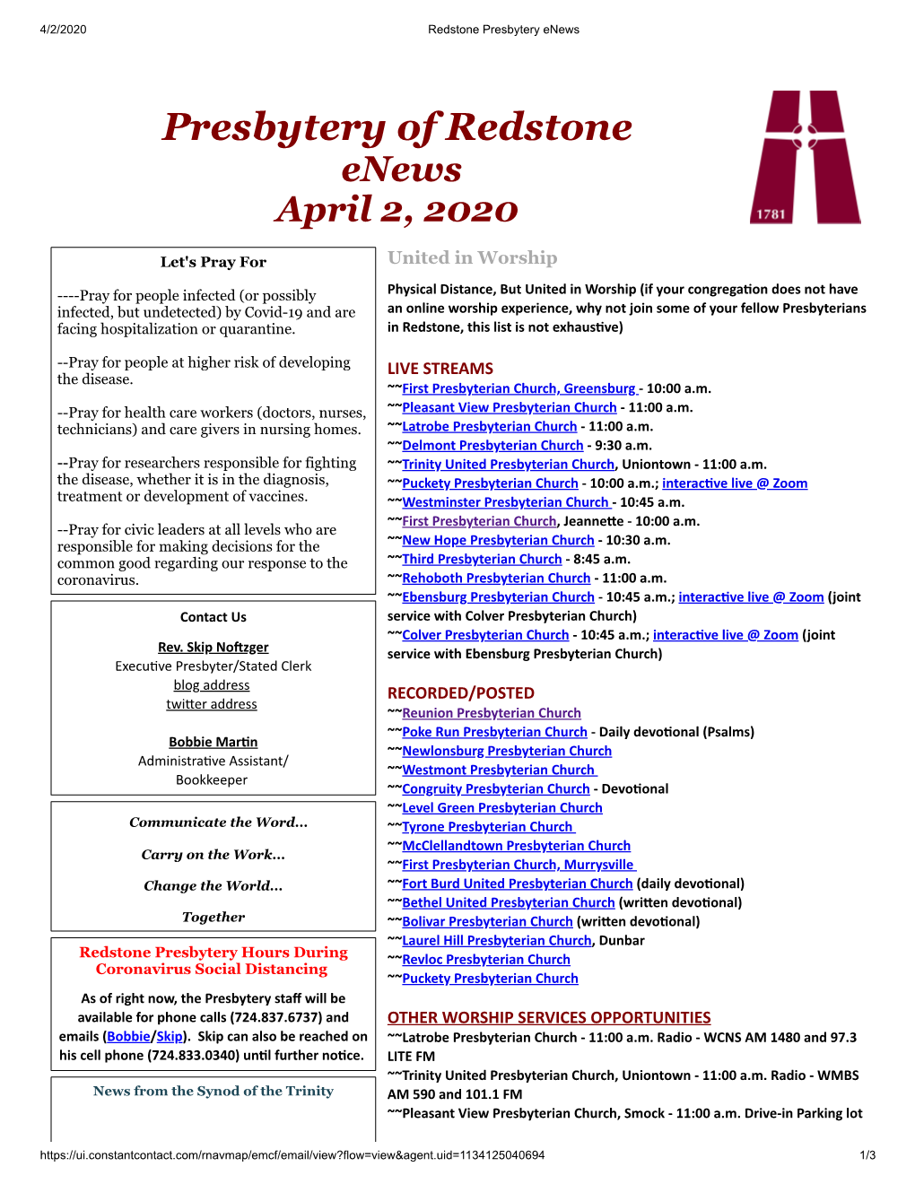 Presbytery of Redstone Enews April 2, 2020