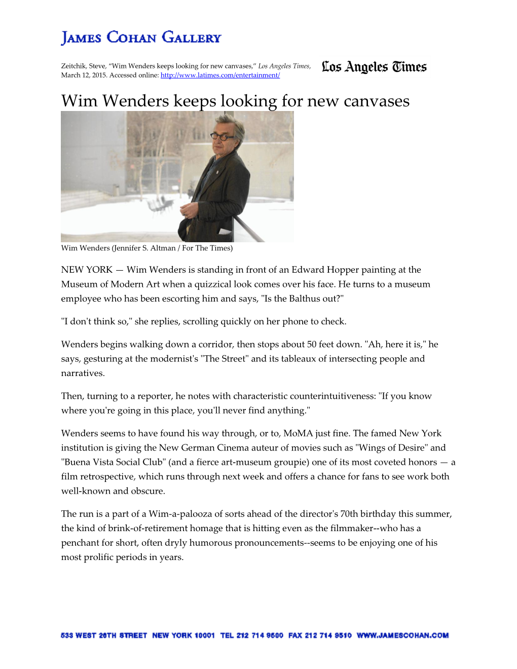 Wim Wenders Keeps Looking for New Canvases,” Los Angeles Times, March 12, 2015