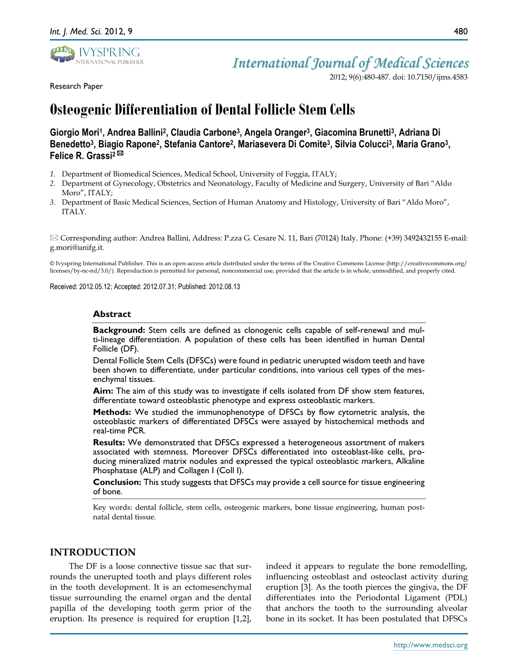 Osteogenic Differentiation of Dental Follicle Stem Cells