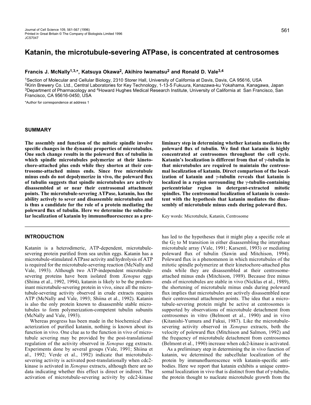 Katanin, the Microtubule-Severing Atpase, Is Concentrated at Centrosomes