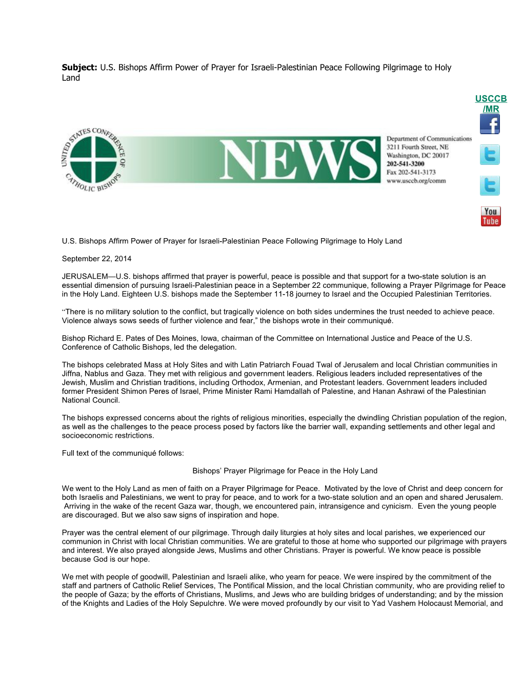 Subject: U.S. Bishops Affirm Power of Prayer for Israeli-Palestinian Peace Following Pilgrimage