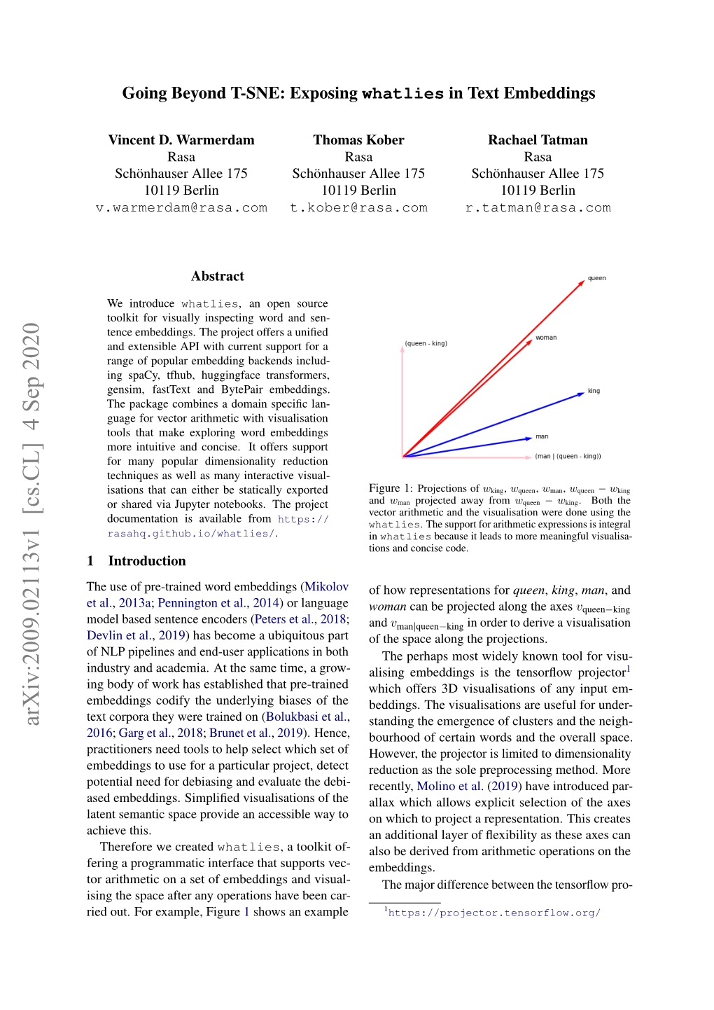 Going Beyond T-SNE: Exposing\Texttt {Whatlies} in Text Embeddings