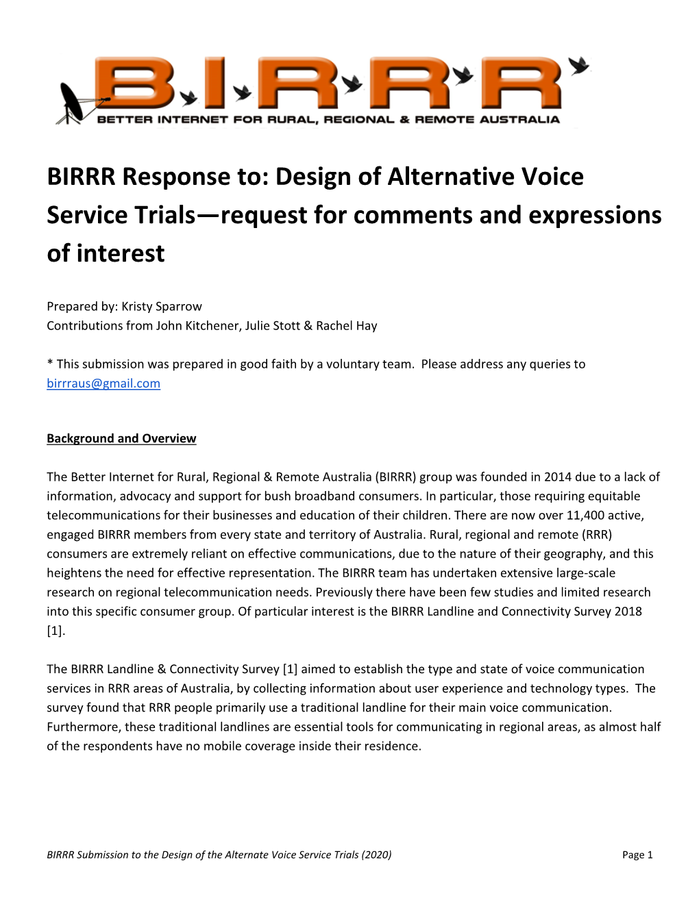 BIRRR Submission to the Design of the Alternate Voice Service Trials (2020) Page 1