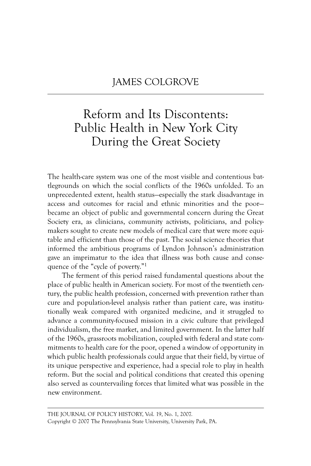 Reform and Its Discontents: Public Health in New York City During the Great Society