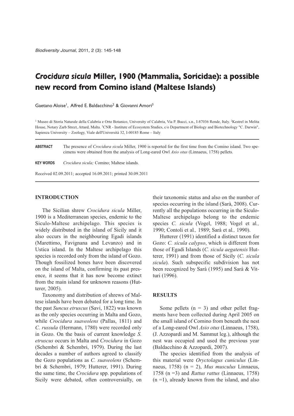 ALOISE Et Al,2011-Crocidura Sicula a Possible New Record from Comino