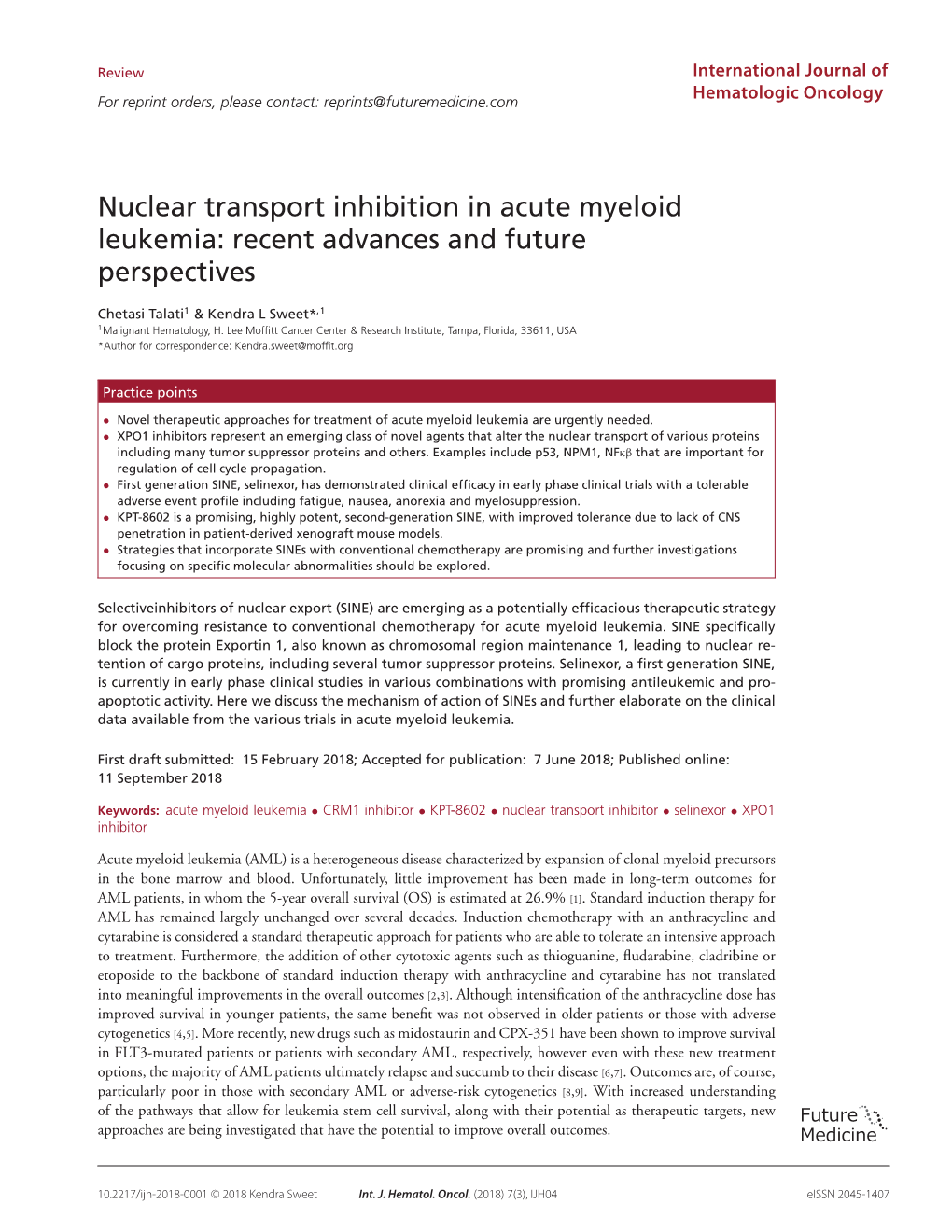 Nuclear Transport Inhibition in Acute Myeloid Leukemia: Recent Advances and Future Perspectives