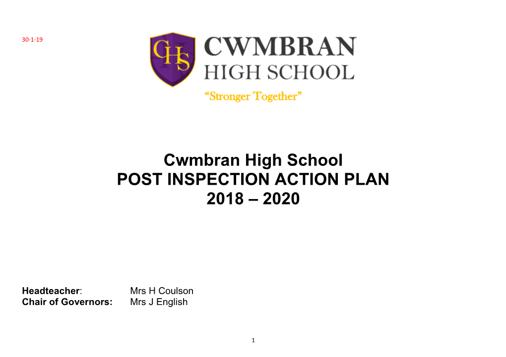 Cwmbran High School POST INSPECTION ACTION PLAN 2018 – 2020