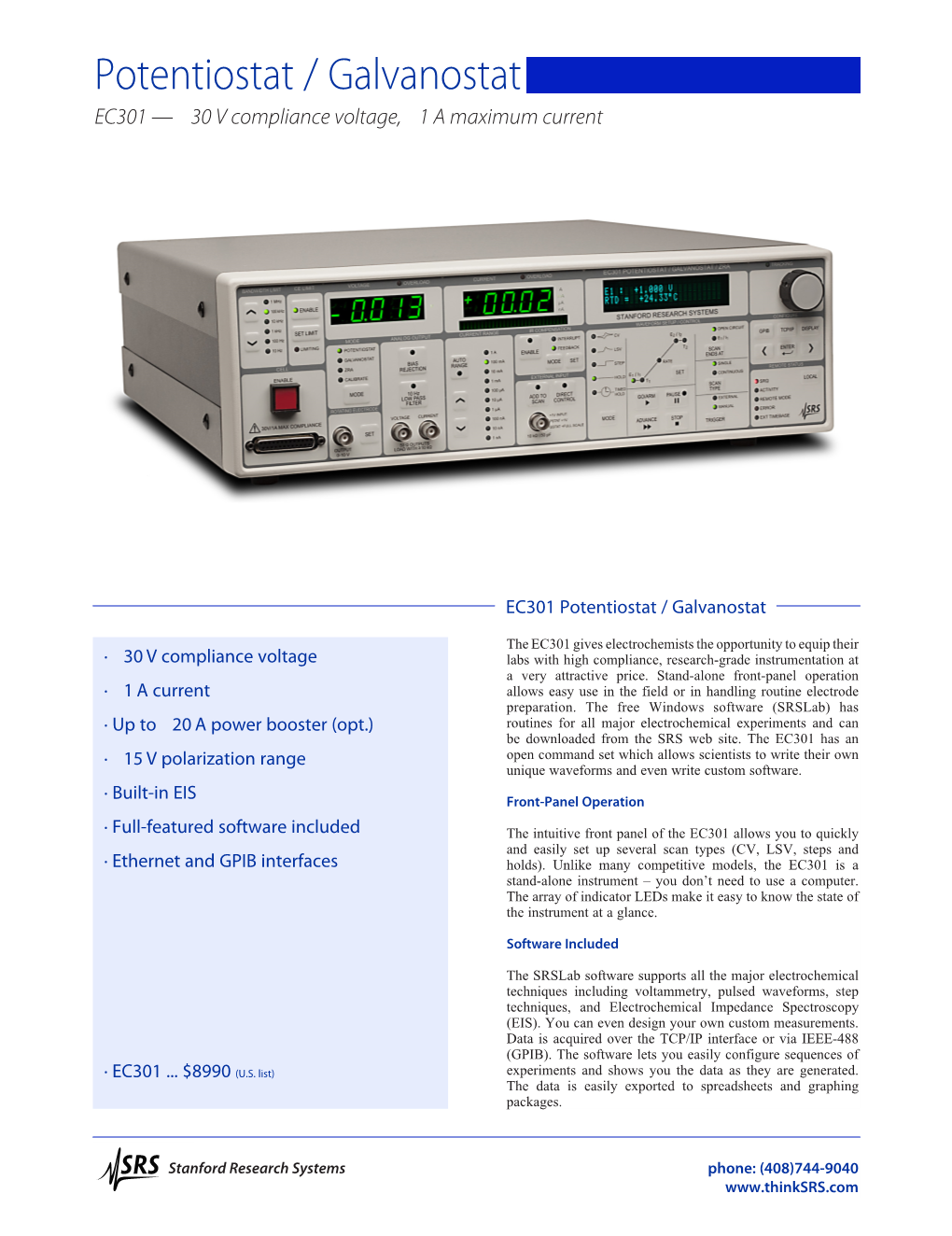 Potentiostat / Galvanostat EC301 — ±30 V Compliance Voltage, ±1 a Maximum Current