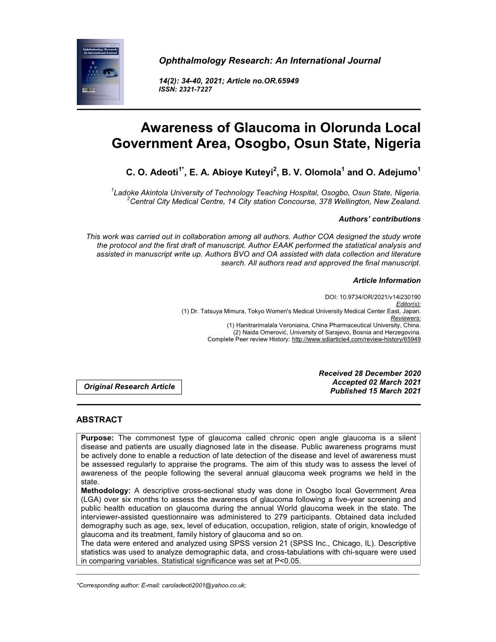 Awareness of Glaucoma in Olorunda Local Government Area, Osogbo, Osun State, Nigeria