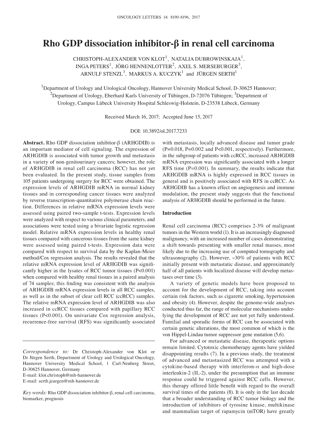 Rho GDP Dissociation Inhibitor‑Β in Renal Cell Carcinoma