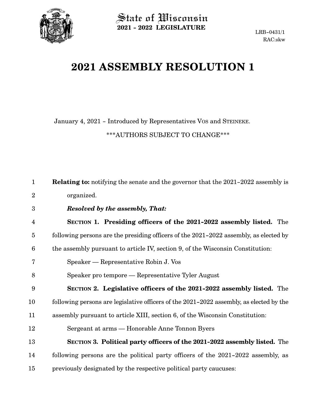 2021 Assembly Resolution 1