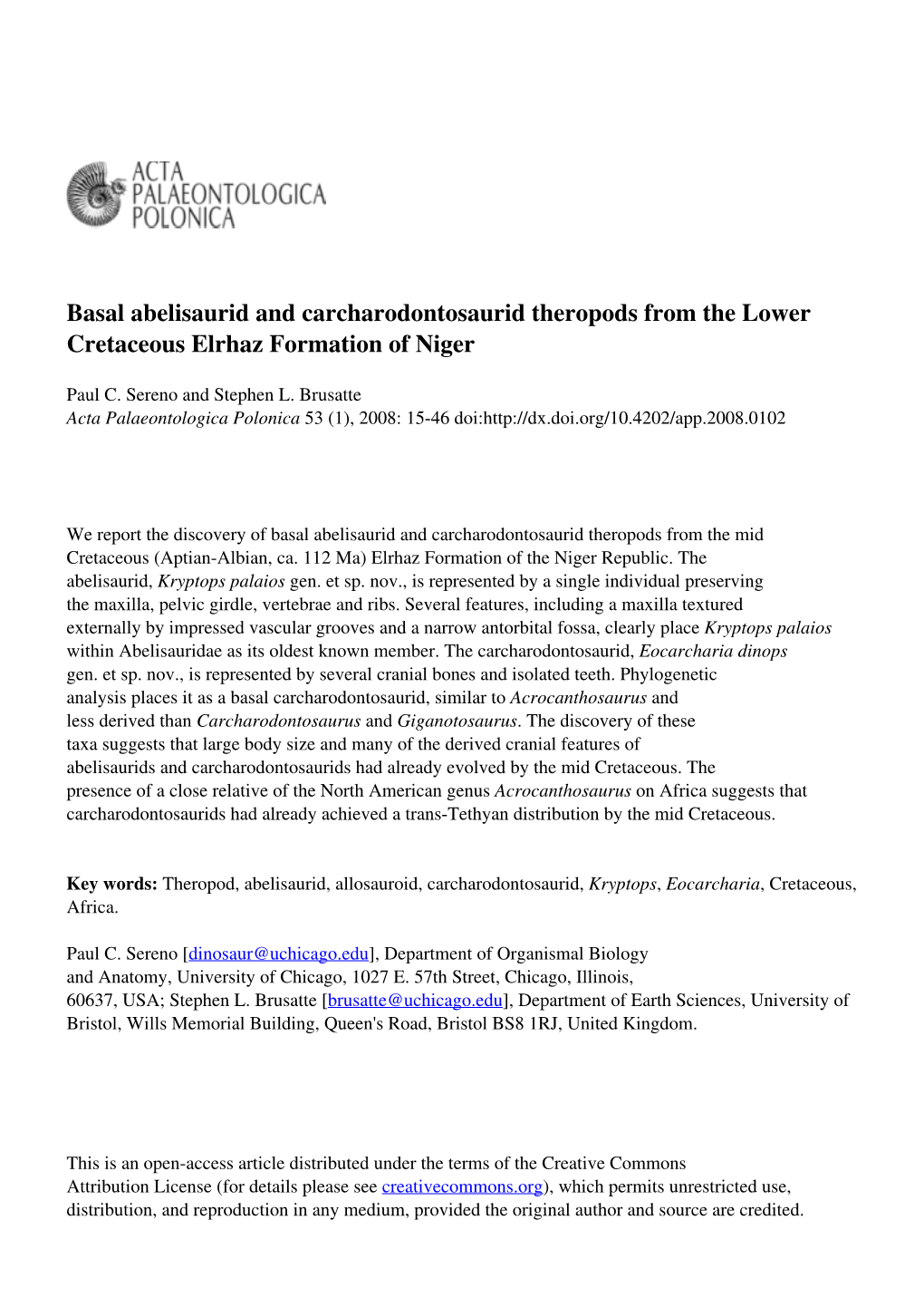 Basal Abelisaurid and Carcharodontosaurid Theropods from the Lower Cretaceous Elrhaz Formation of Niger