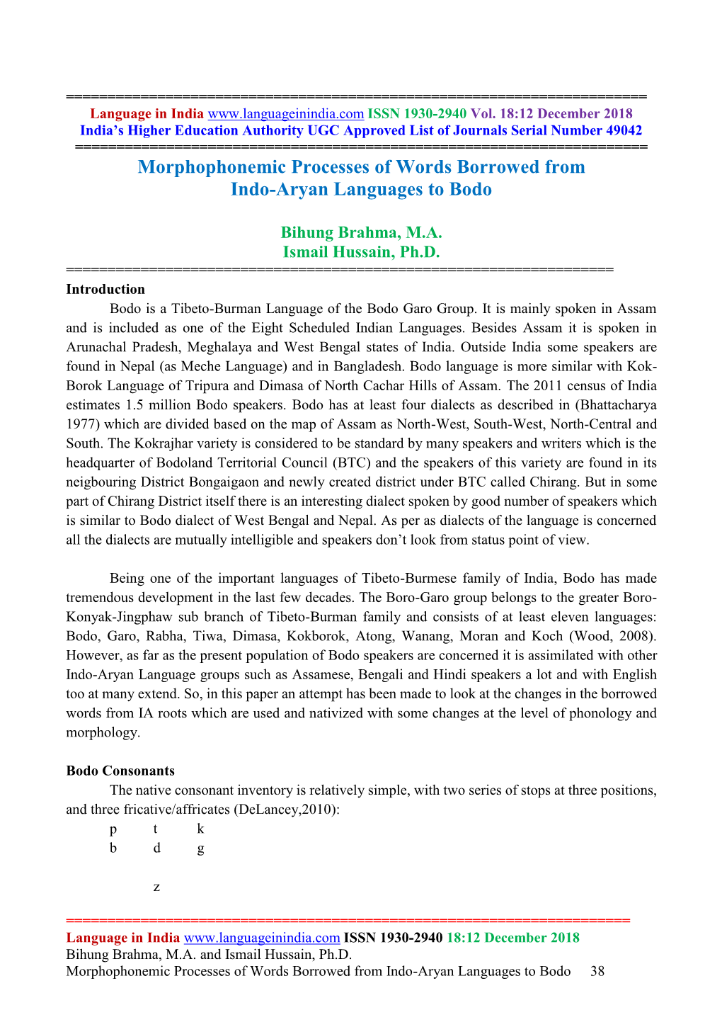 Morphophonemic Processes of Words Borrowed from Indo-Aryan Languages to Bodo
