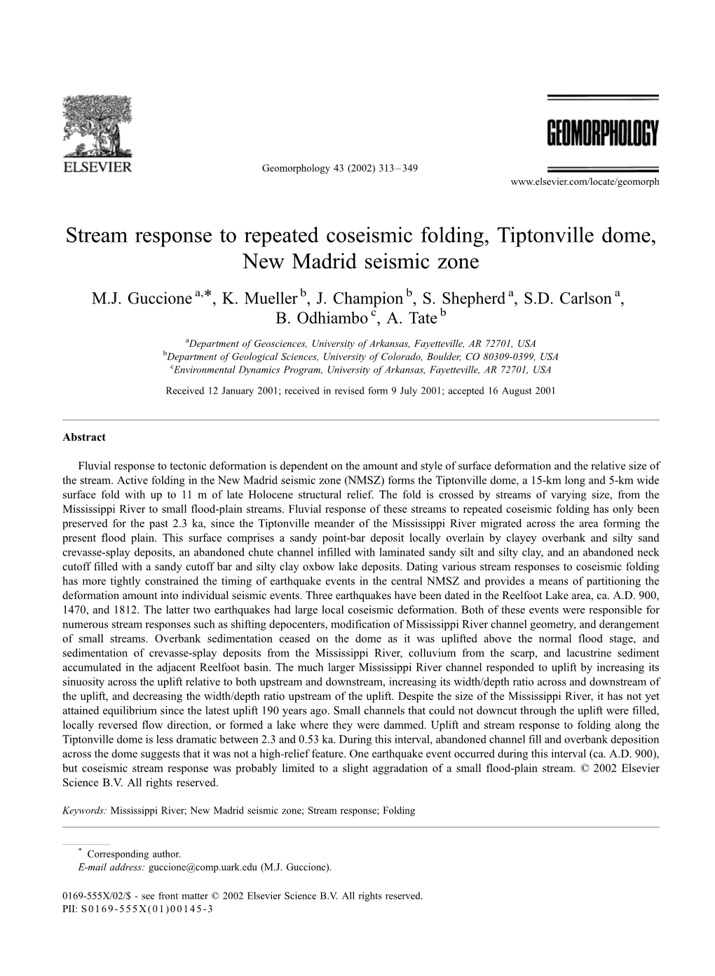 Stream Response to Repeated Coseismic Folding, Tiptonville Dome, New Madrid Seismic Zone