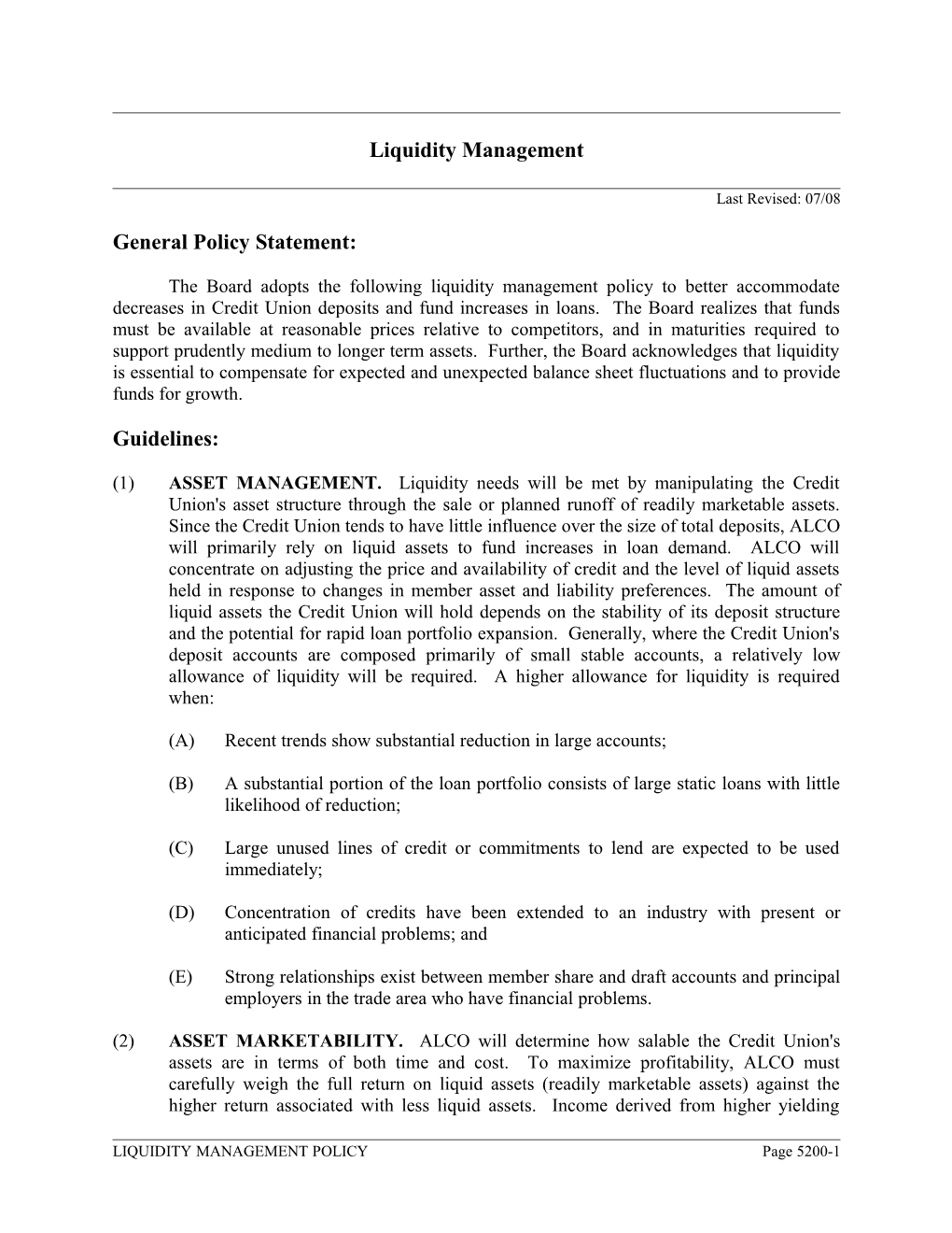 Section 5200 Liquidity Management