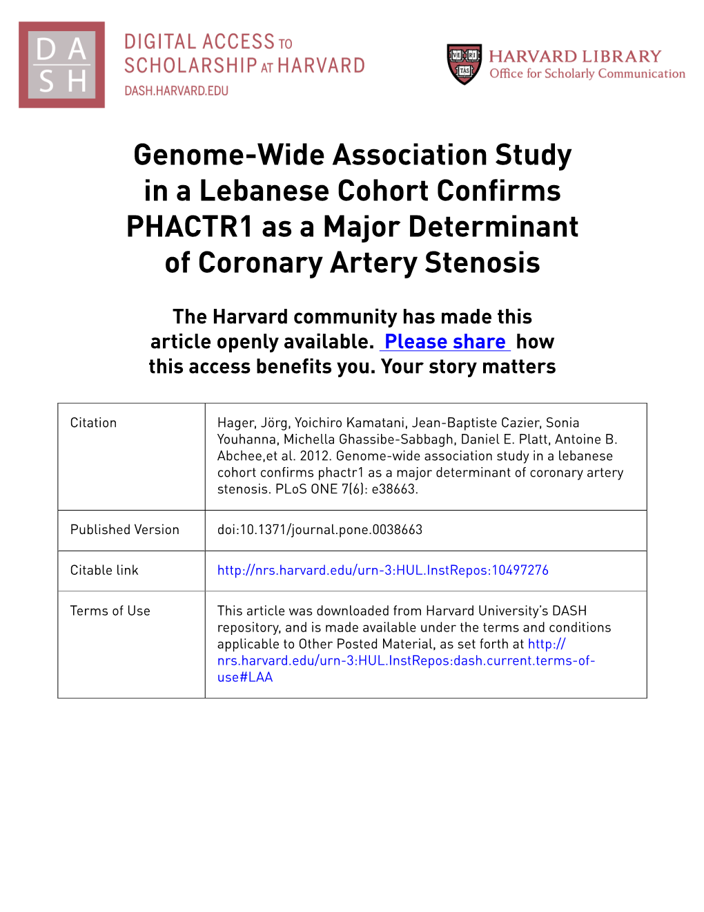 Genome-Wide Association Study in a Lebanese Cohort Confirms PHACTR1 As a Major Determinant of Coronary Artery Stenosis
