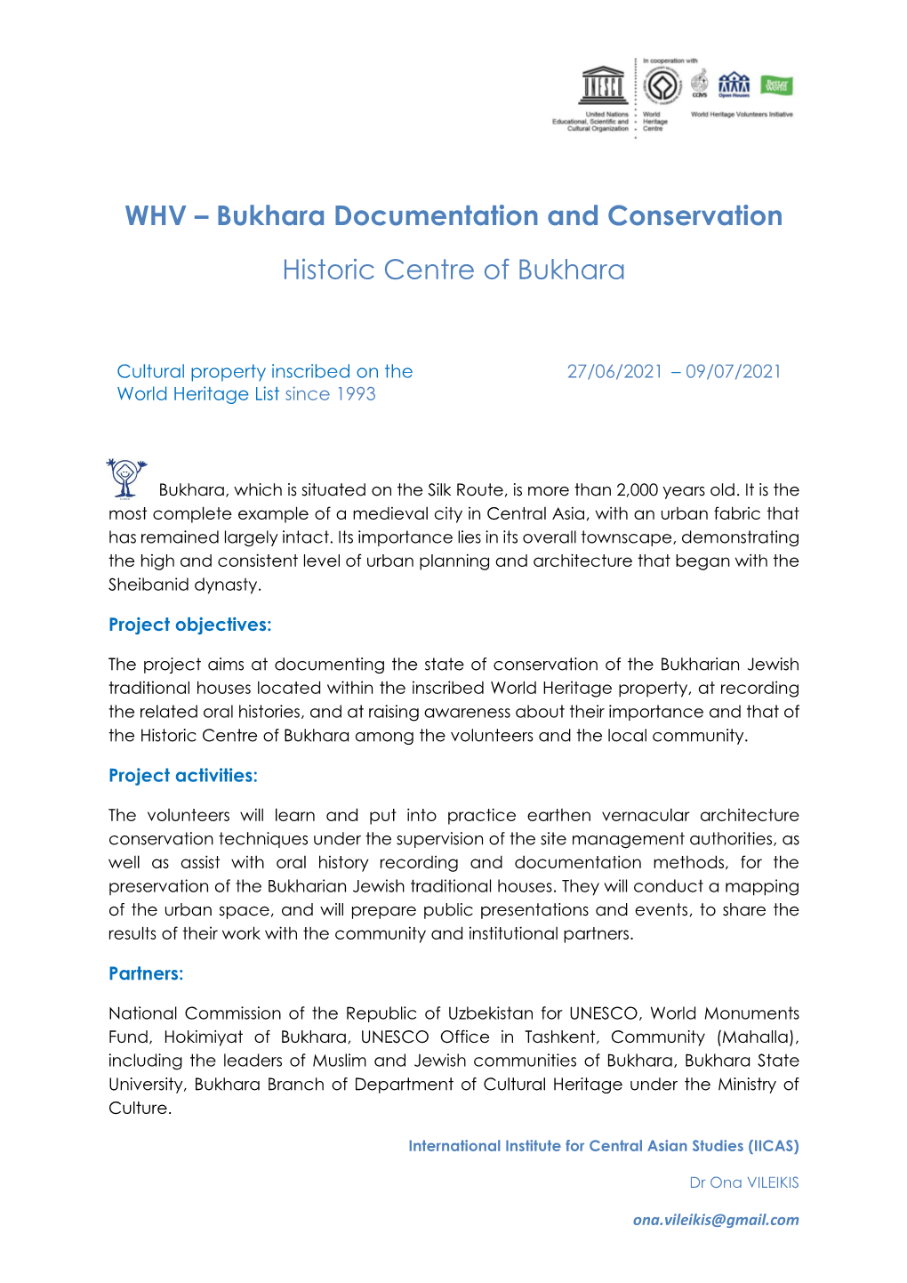 WHV – Bukhara Documentation and Conservation Historic Centre of Bukhara