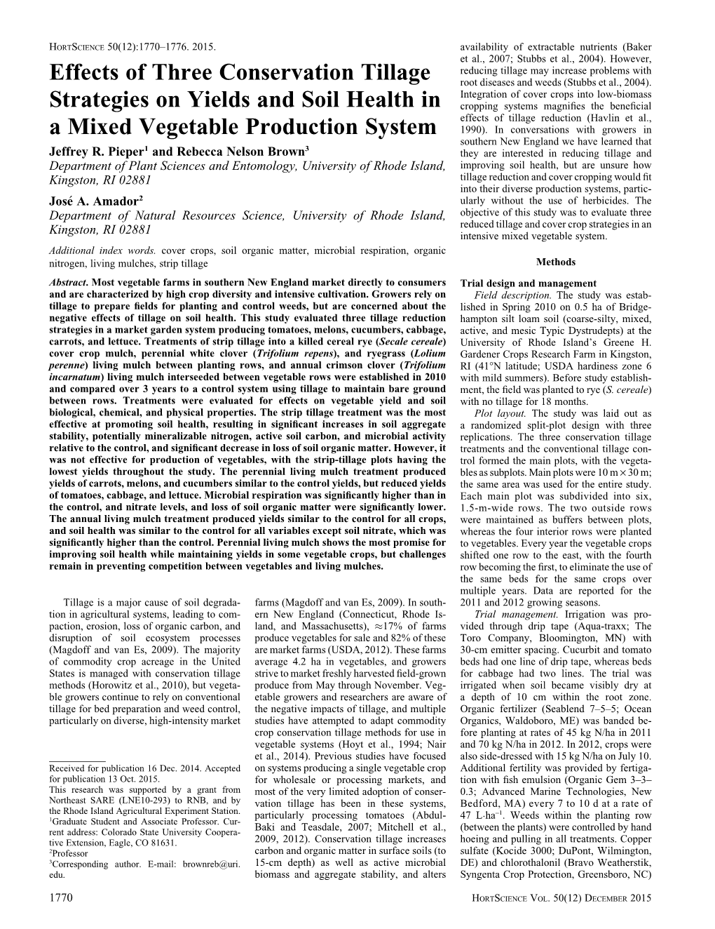 Effects of Three Conservation Tillage Strategies on Yields and Soil Health in a Mixed Vegetable Production System