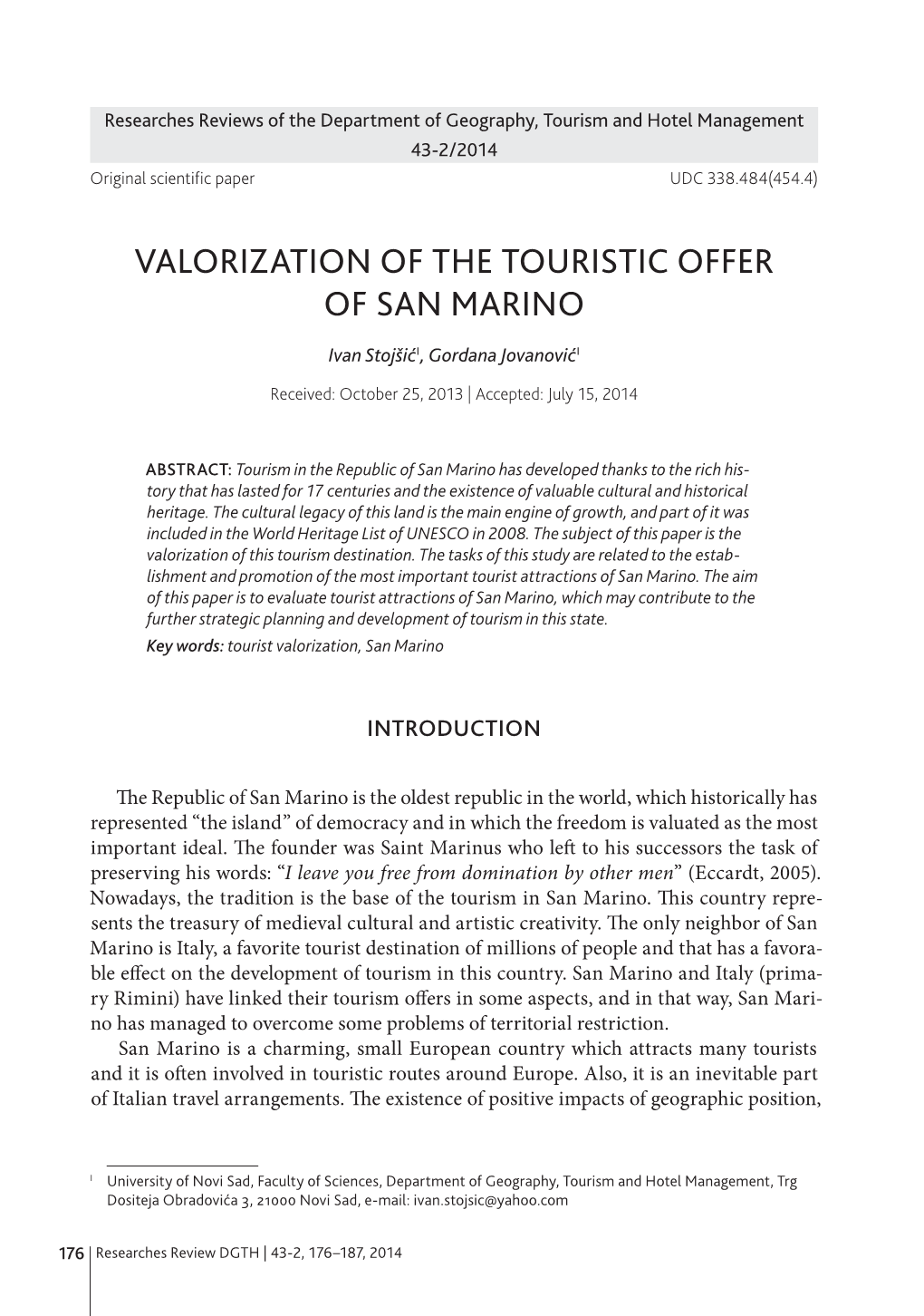 Valorization of the Touristic Offer of San Marino