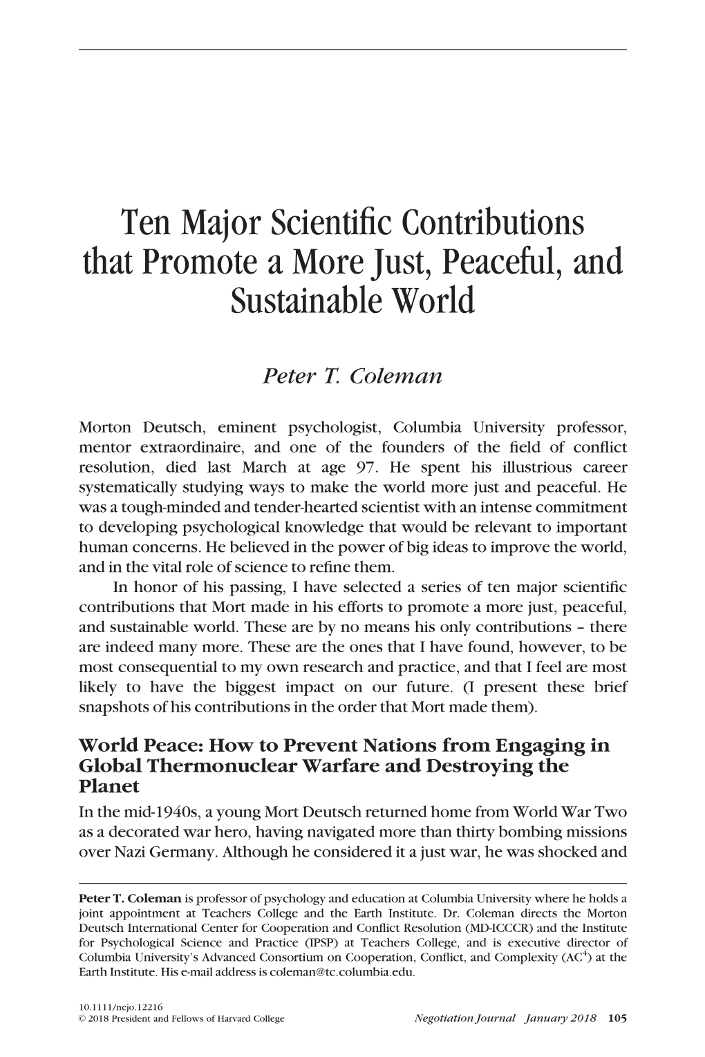 Ten Major Scientific Contributions That Promote a More Just, Peaceful, And