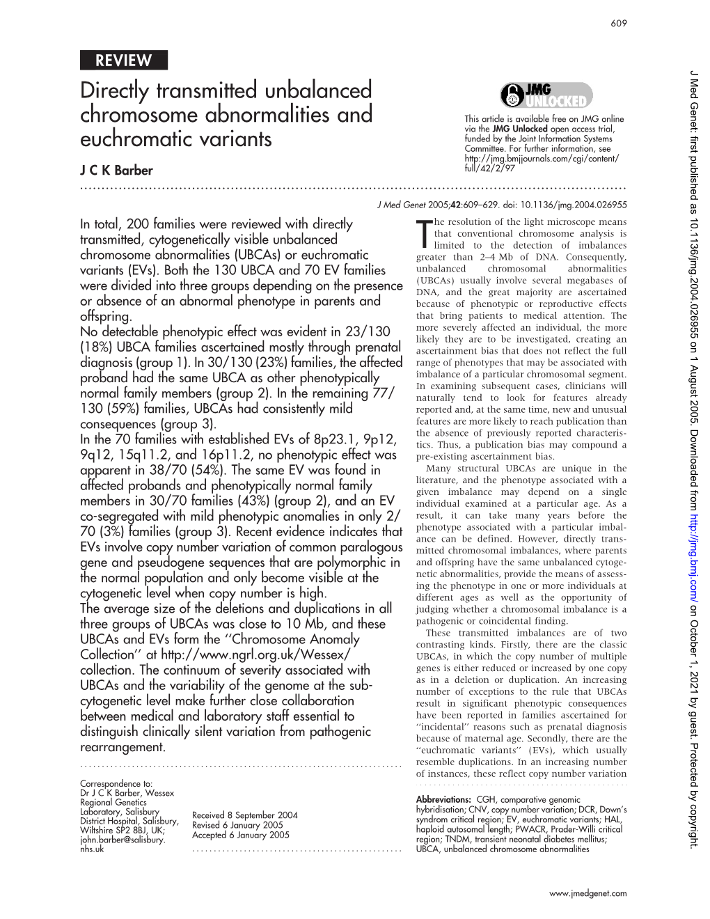 Directly Transmitted Unbalanced Chromosome Abnormalities And