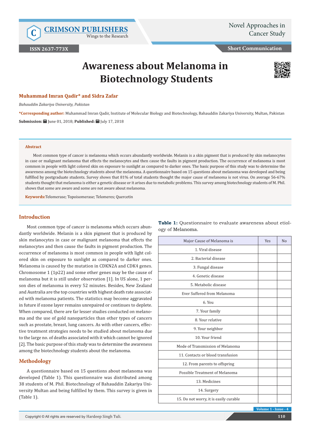 Awareness About Melanoma in Biotechnology Students