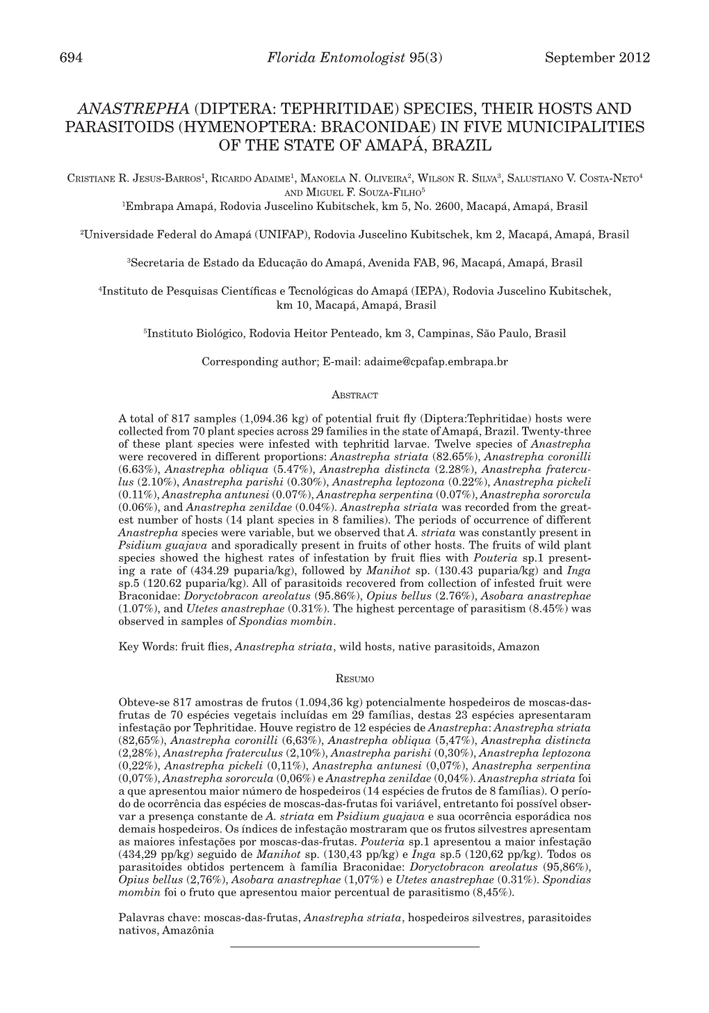 Diptera: Tephritidae) Species, Their Hosts and Parasitoids (Hymenoptera: Braconidae) in Five Municipalities of the State of Amapá, Brazil