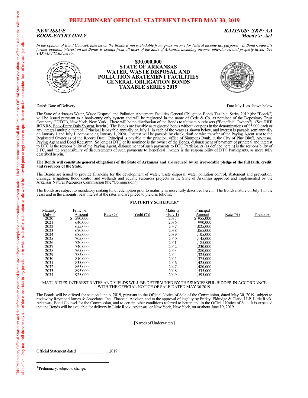 PRELIMINARY OFFICIAL STATEMENT DATED MAY 30, 2019 NEW ISSUE RATINGS: S&P: AA BOOK-ENTRY ONLY Moody’S: Aa1