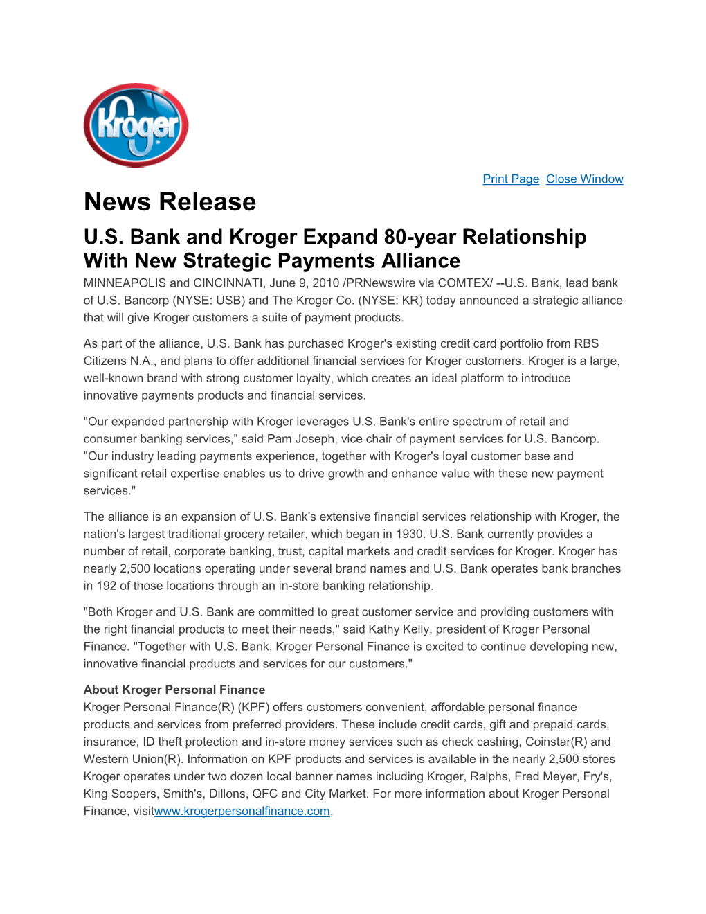 News Release US Bank and Kroger Expand 80-Year Relationship With