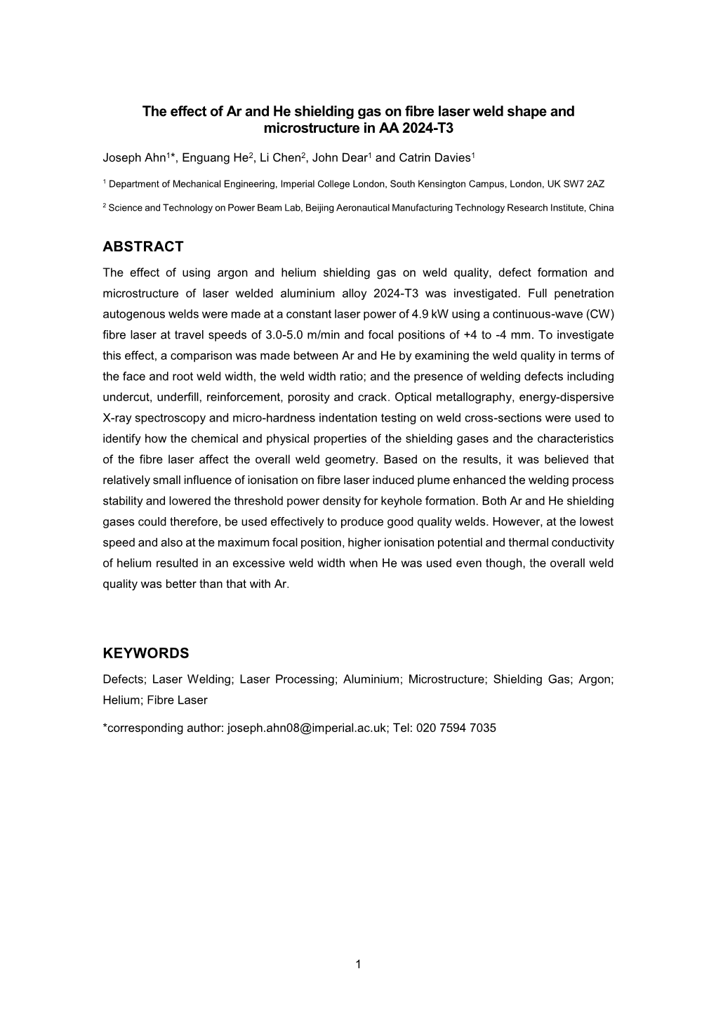 The Effect of Ar and He Shielding Gas on Fibre Laser Weld Shape and Microstructure in AA 2024-T3