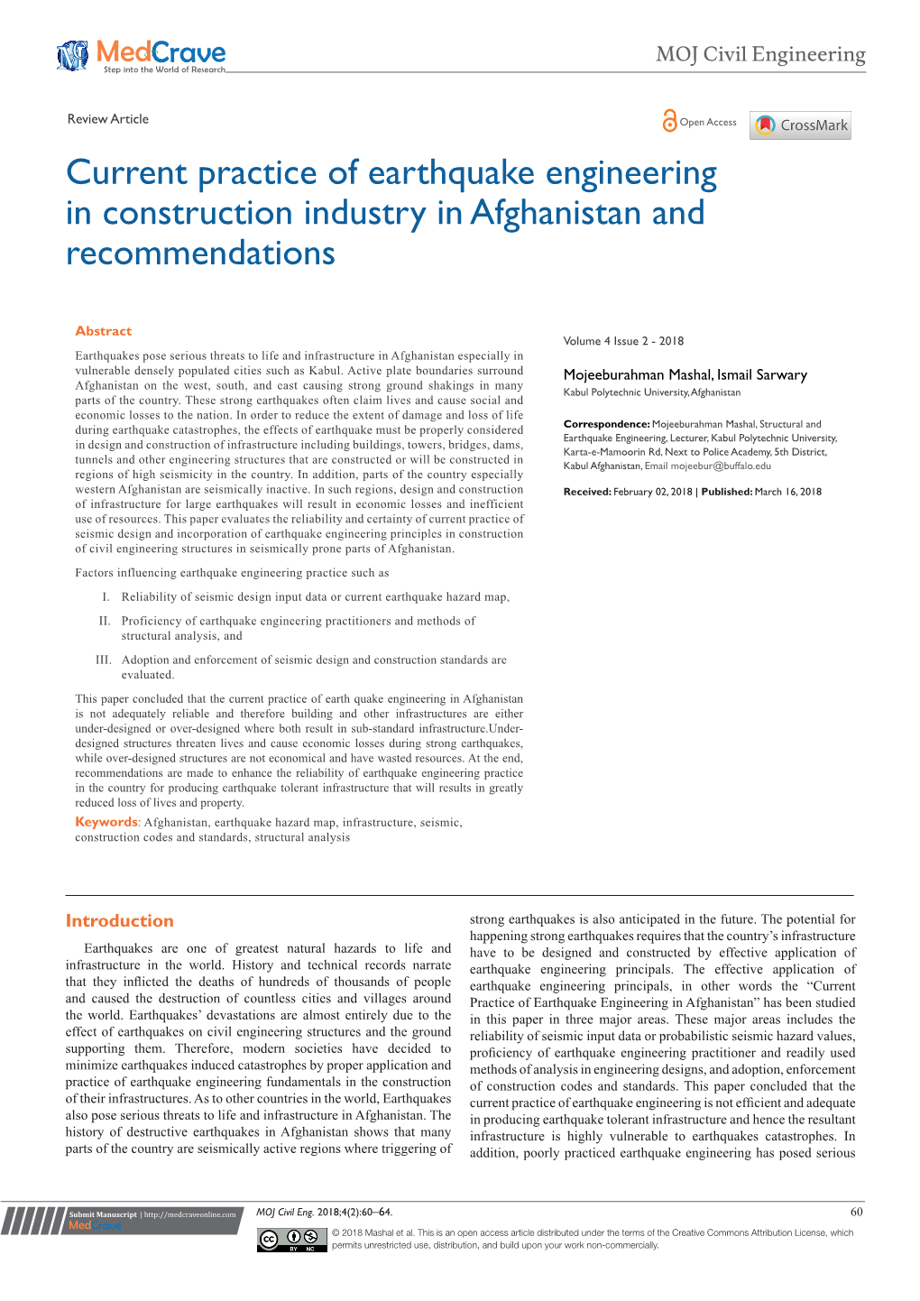 Current Practice of Earthquake Engineering in Construction Industry in Afghanistan and Recommendations