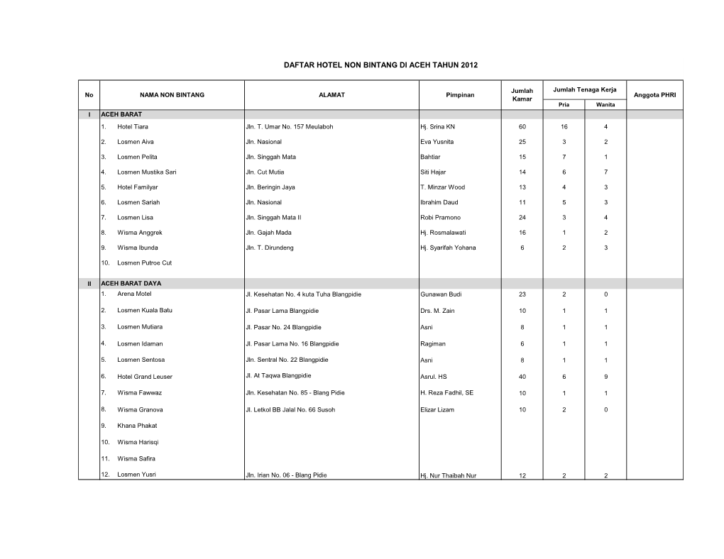 Daftar Hotel Non Bintang Di Aceh Tahun 2012