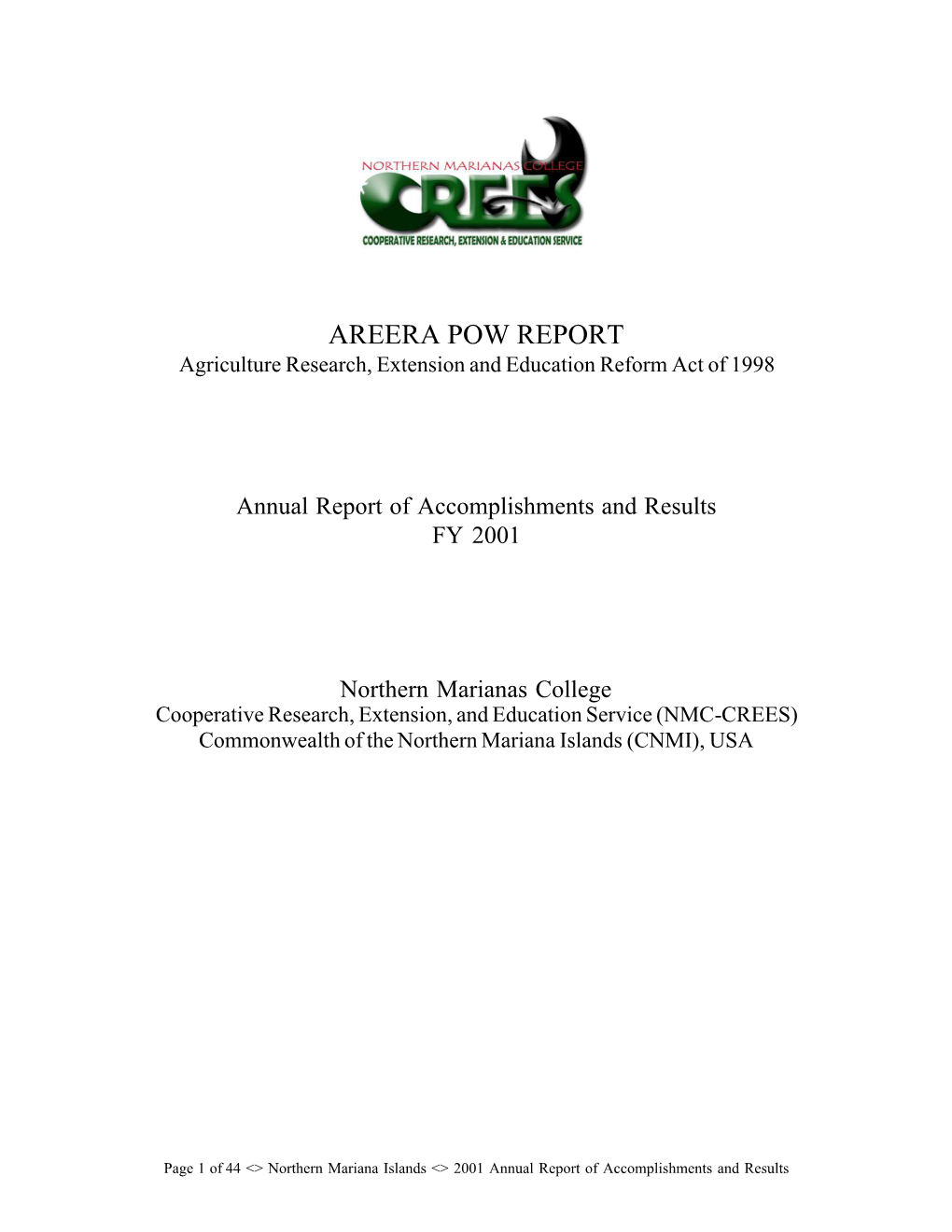 AREERA POW REPORT Agriculture Research, Extension and Education Reform Act of 1998