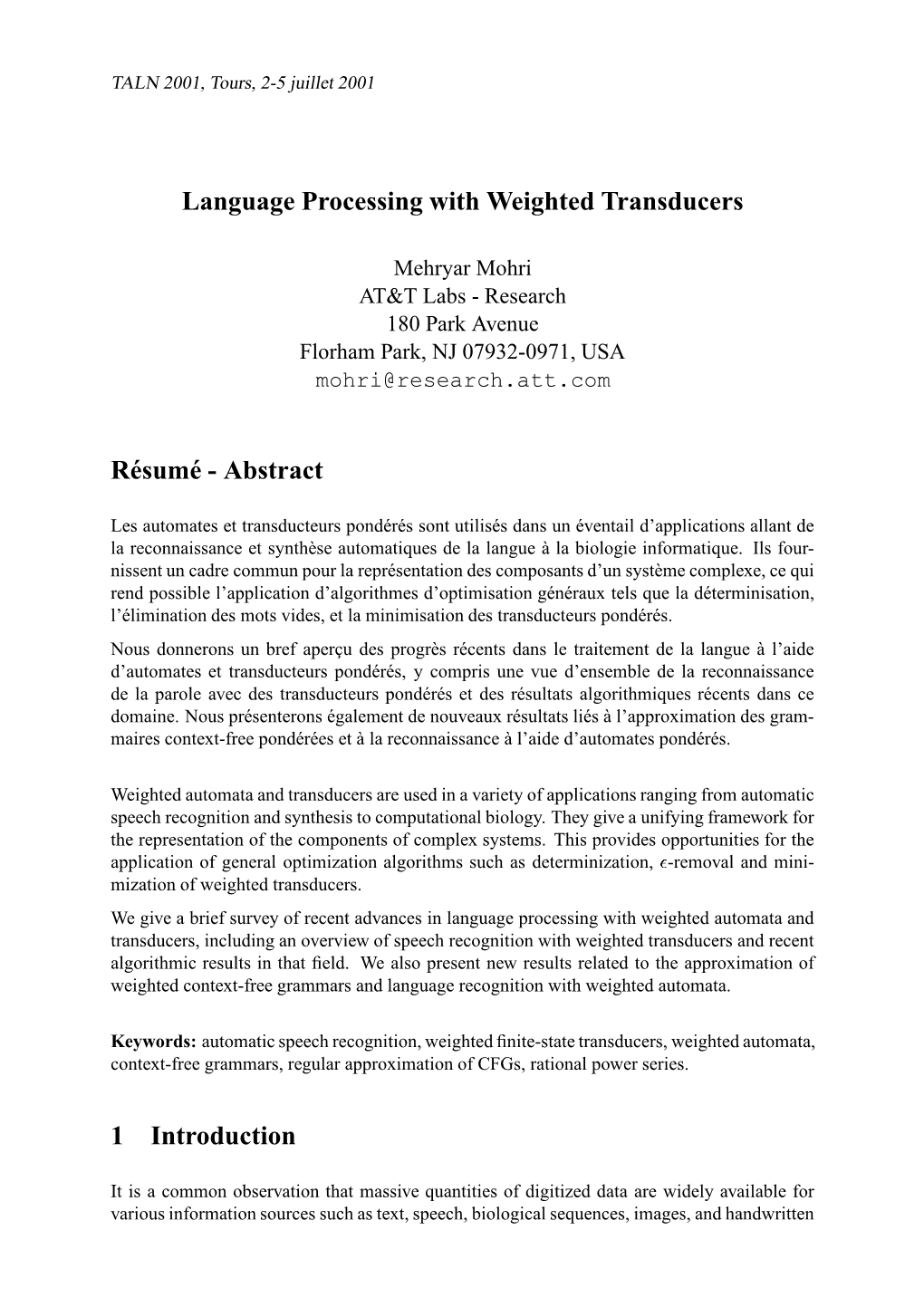 Language Processing with Weighted Transducers