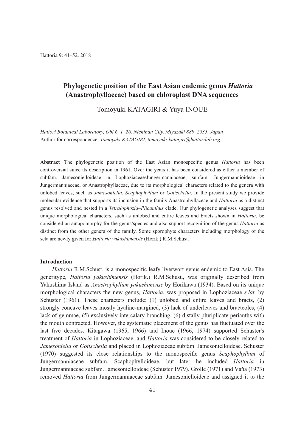 Phylogenetic Position of the East Asian Endemic Genus Hattoria (Anastrophyllaceae) Based on Chloroplast DNA Sequences