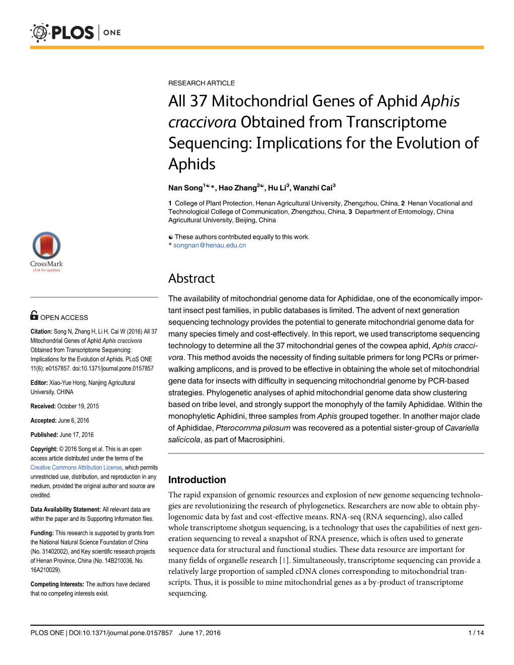 37 Mitochondrial Genes of Aphid Aphis Craccivora Obtained from Transcriptome Sequencing: Implications for the Evolution of Aphids