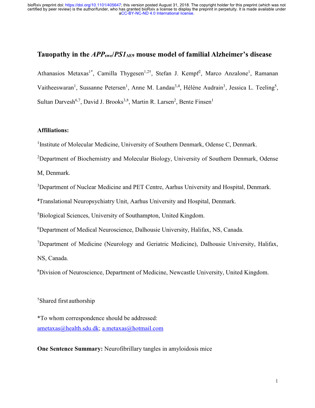 Tauopathy in the Appswe/PS1ΔE9 Mouse Model of Familial Alzheimer's Disease