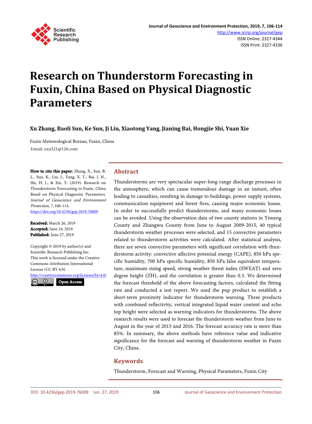 Research on Thunderstorm Forecasting in Fuxin, China Based on Physical Diagnostic Parameters