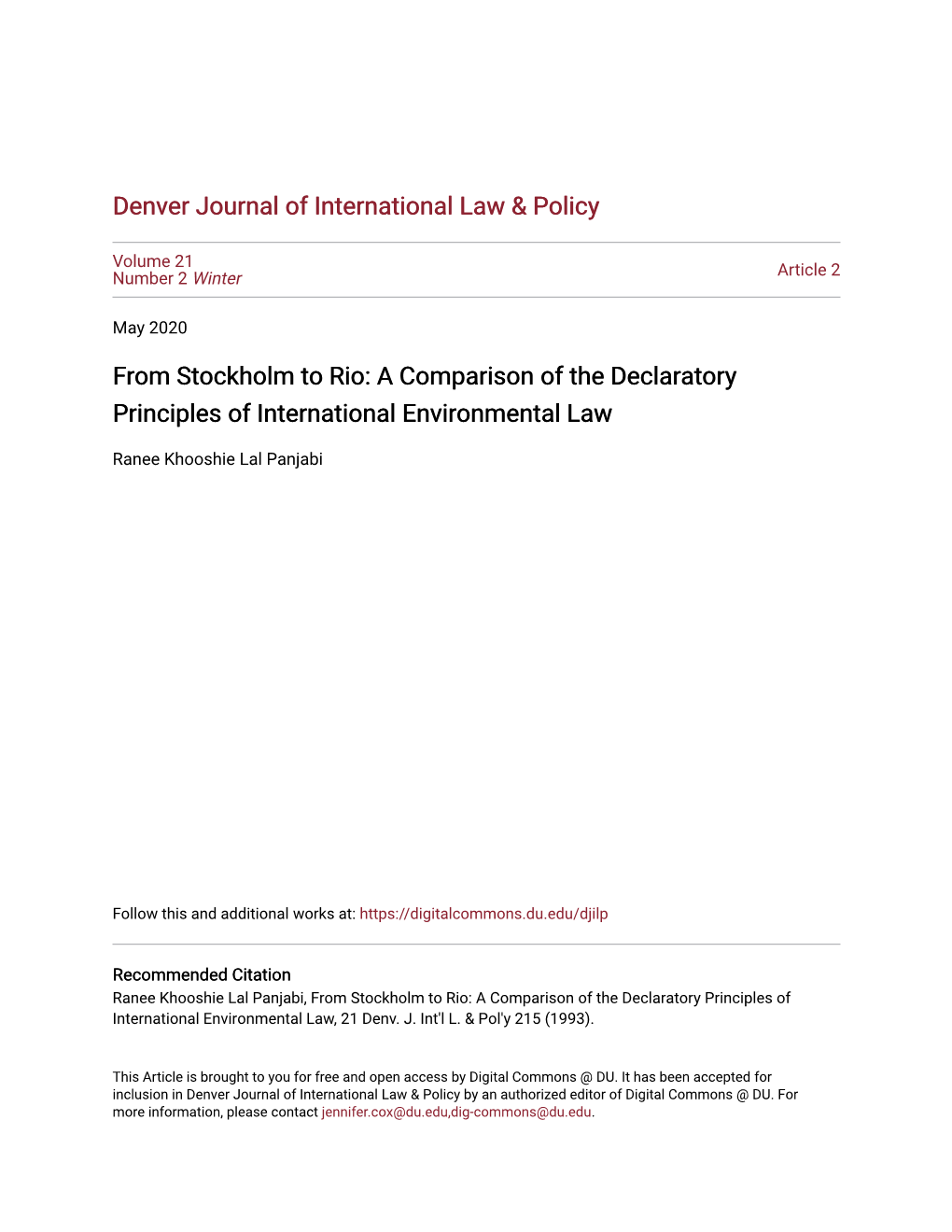 From Stockholm to Rio: a Comparison of the Declaratory Principles of International Environmental Law