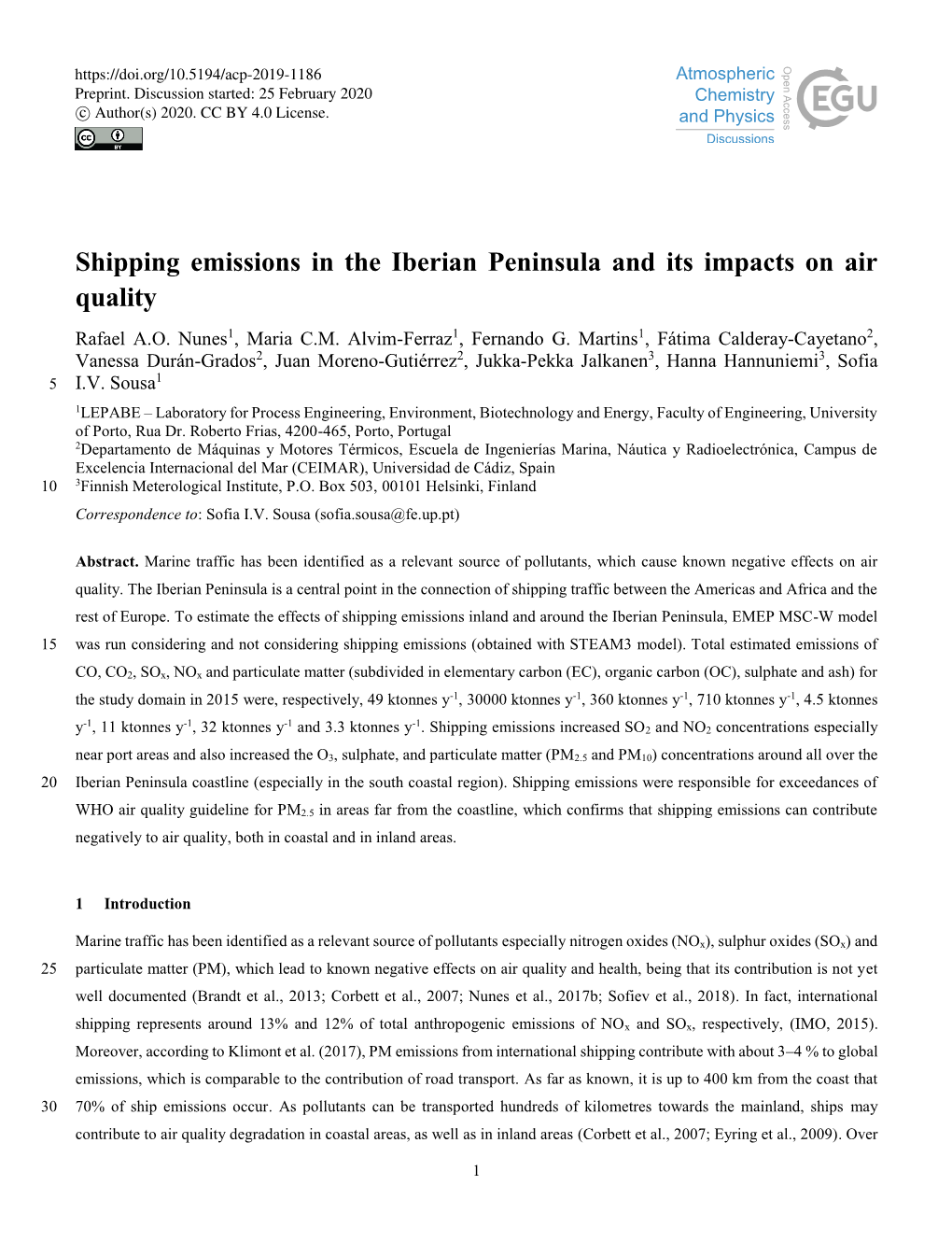 Shipping Emissions in the Iberian Peninsula and Its Impacts on Air Quality Rafael A.O