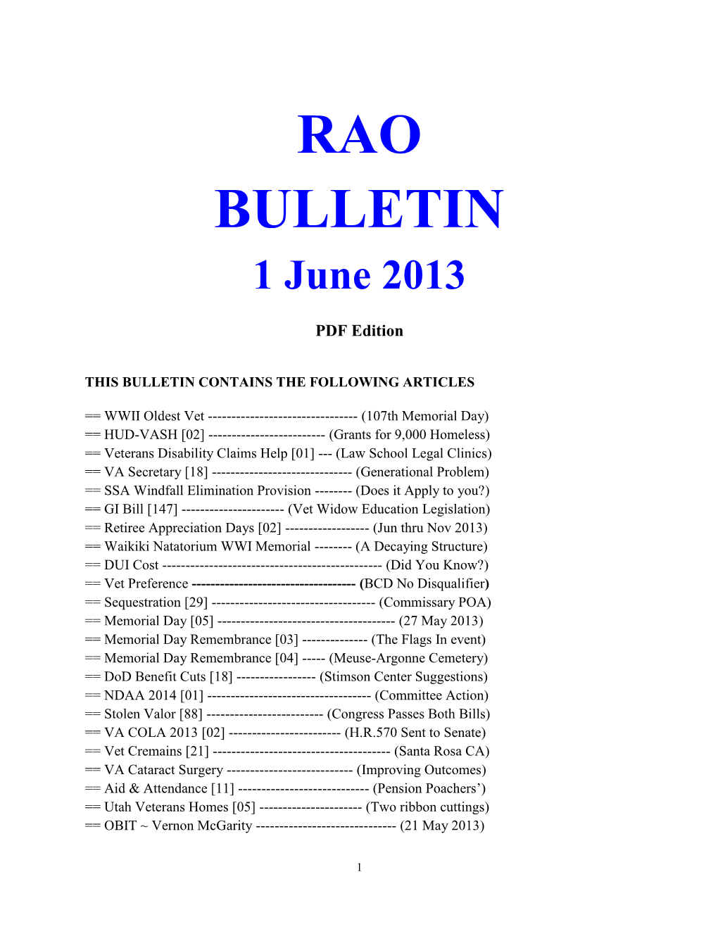 RAO BULLETIN 1 June 2013