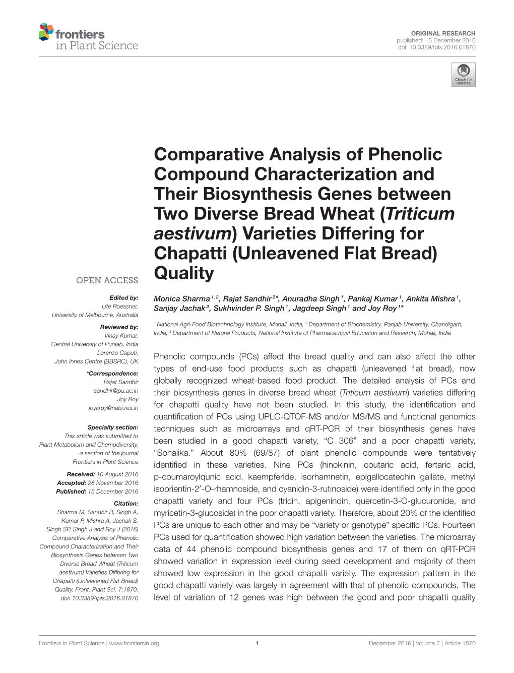 Comparative Analysis of Phenolic Compound Characterization and Their Biosynthesis Genes Between Two Diverse Bread Wheat